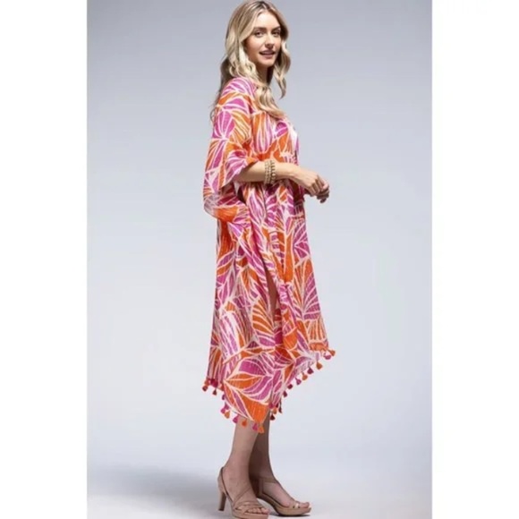 Chelsea Metallic Stripe Palm Leaf Tropical Coverup Open Wrap Kimono Top One Size - Picture 4 of 7